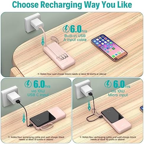 Slim 10,000 m Ah Portable Charger with Built-in Cables – High-Speed USB-C Power Bank for Travel | 5 Outputs & 3 Inputs, LED Display, Compatible with i Phone, Samsung, Pixel, LG & More – Essential Power Solution for On-the-Go Charging