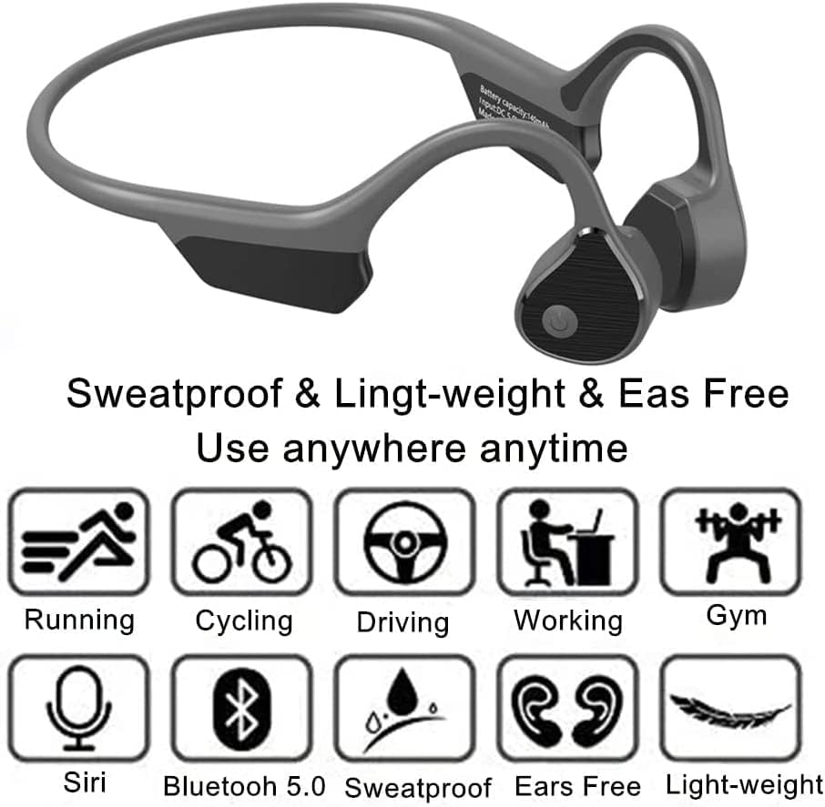 Revolutionary Open-Ear Bone Conduction Headphones – Wireless Bluetooth Sport Earbuds with IP68 Waterproof Shield, Integrated Microphone, and Night Visibility Feature for Enhanced Workout Performance – Perfect for Running, Gym Sessions, Hiking, and Cycling (Grey)