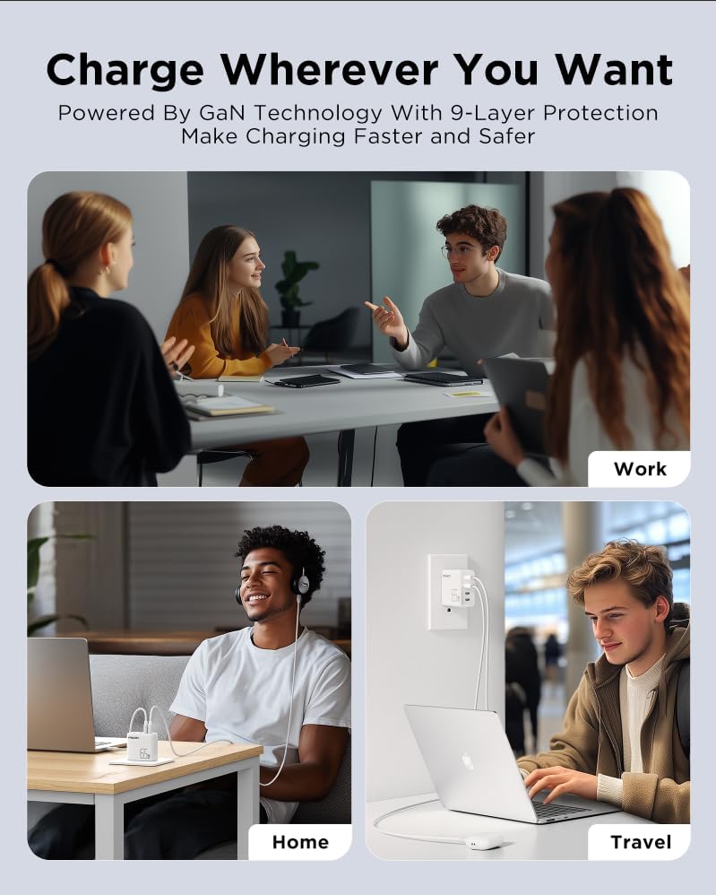PISEN 65 W Ga N USB-C Fast Charger | 4-Port Compact Wall Adapter with 4 FT Cable | Ultimate Charging Solution for Mac Book Pro, i Pad Pro, Galaxy S23 & i Phone Series | Enhanced Speed, Energy Efficiency & Travel-Friendly Design