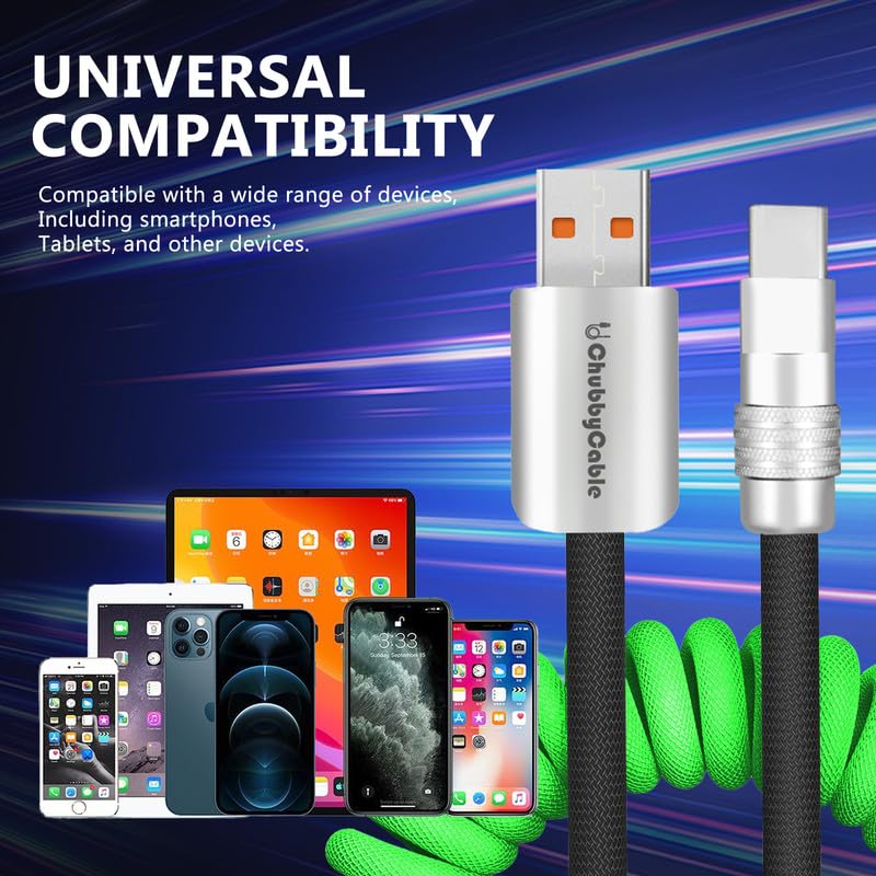 Experience Unmatched Charging Versatility with the Chubbycable Curly Chubby – 240 W High-Speed Retractable USB-C Cable, Extends 2.29 to 3.6 FT, Ideal for Car Play & Android Auto, Stylish Dark Blue and Green Coiled Design for Effortless Organization and Durability