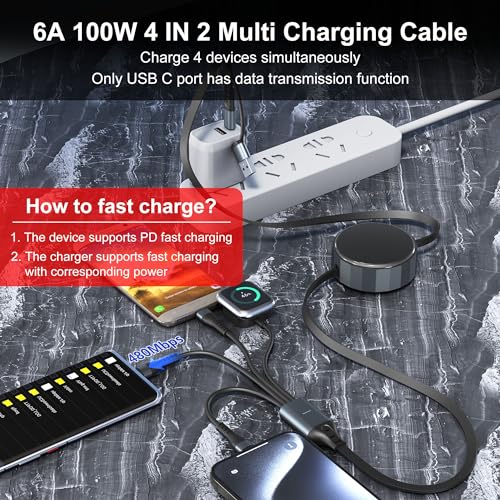 Ultimate 100 W Multi-Device Fast Charging Cable: 4-in-2 USB-C/A Retractable Charger for Apple Watch, i Phone, Mac Book & Galaxy – MFi Certified Travel Essential with Magnetic Connection and Adjustable Length for Efficient Simultaneous Charging of Up to 4 Devices. Experience rapid charging with advanced 6 A PD technology, powering your i Phone 15 Pro to 92% in just 35 minutes and fully charging Mac Book Pro in 1.9 hours. Designed for convenience, this versatile cable extends from 1 ft to 4 ft, making it perfect for any environment, from your office to your car. The magnetic Apple Watch charger ensures secure connections, while built-in safety features protect your devices from over-current and overheating. Compatible with a wide range of devices including all Apple Watch series and various smartphones, this compact and durable cable is the ultimate travel companion. Enjoy peace of mind with a 12-month warranty and dedicated customer support, ensuring 100% satisfaction.