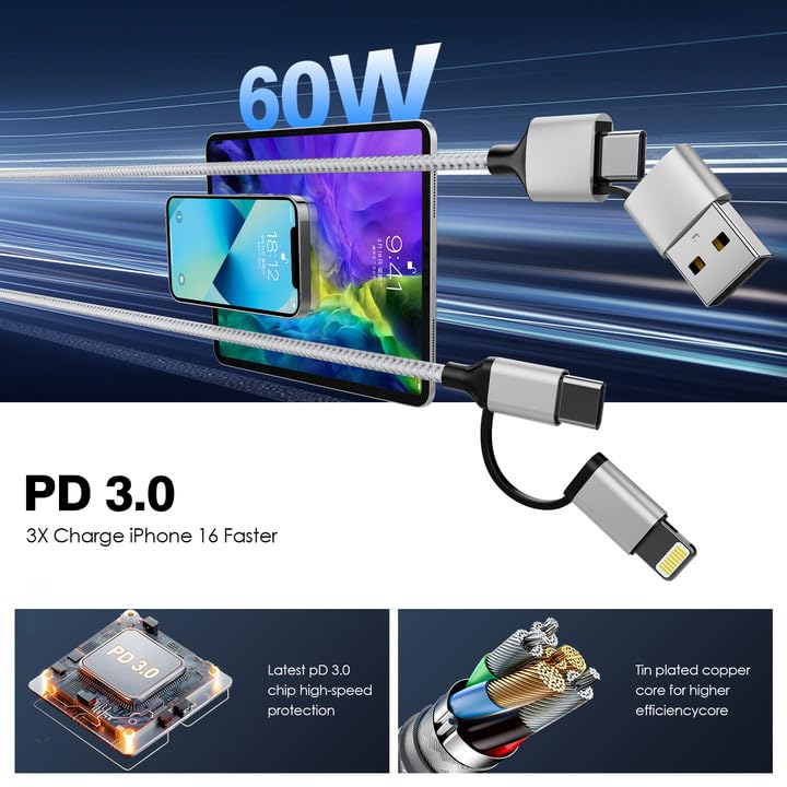 20 FT Ultra-Long i Phone Charger Cable – Fast 60 W 2-in-1 USB-C & Lightning Charging Cord for i Phone 16/15/14/13/12/11, i Pad & Mac Book – Durable Braided Design for Home, Office & Outdoor Use – Unmatched Flexibility and Rapid Power Delivery