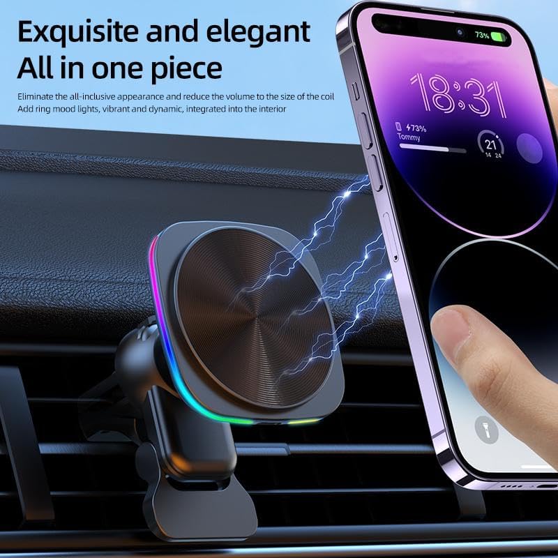 15 W Fast Magnetic Wireless Car Phone Mount for i Phone 12-15 Series – Sleek Automotive Charger Holder with One-Handed Operation and Blue Light Indicator for Safe Navigation and Quick Power-ups – Essential Driving Accessory