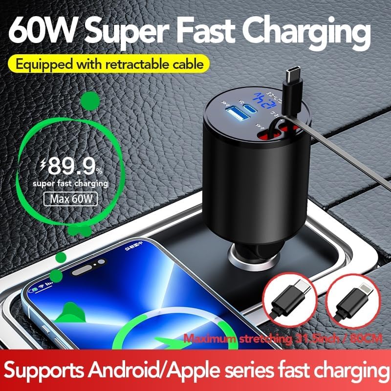 Ultimate 4-in-1 Retractable Car Charger – 60 W Super Fast Charging for i Phone 11-16, Galaxy, Pixel & Air Pods 4 – Dual USB Ports & Tangle-Free Cables for Maximum Convenience on the Go – Compact Power Adapter for All Your Devices