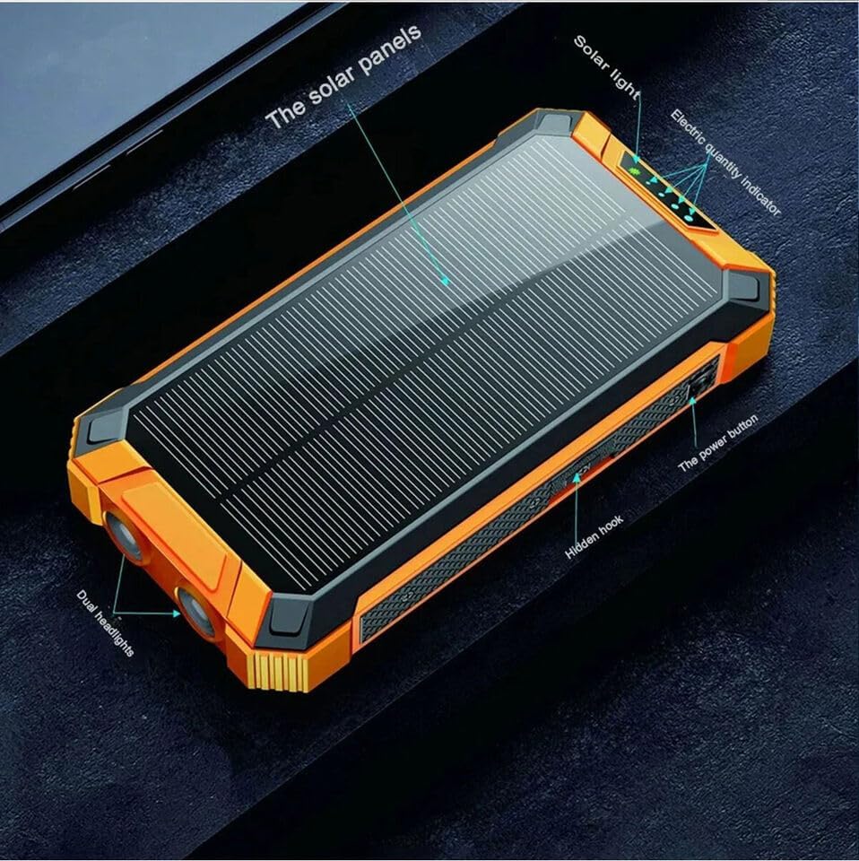 Ultimate Solar Power Bank – 10,000 m Ah Portable Charger with Fast Wireless Charging, 4 USB Ports, Built-in Cables, LED Flashlight & Carabiner – Waterproof Outdoor Essential for i Phone & Android Devices (Black/Red) – Empower Your Adventures!