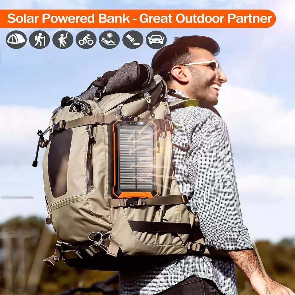 Ultimate Solar Power Bank – 10,000 m Ah Portable Charger with Fast Wireless Charging, 4 USB Ports, Built-in Cables, LED Flashlight & Carabiner – Waterproof Outdoor Essential for i Phone & Android Devices (Black/Red) – Empower Your Adventures!