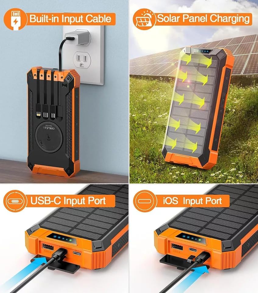 Ultimate Solar Power Bank – 10,000 m Ah Portable Charger with Fast Wireless Charging, 4 USB Ports, Built-in Cables, LED Flashlight & Carabiner – Waterproof Outdoor Essential for i Phone & Android Devices (Black/Red) – Empower Your Adventures!