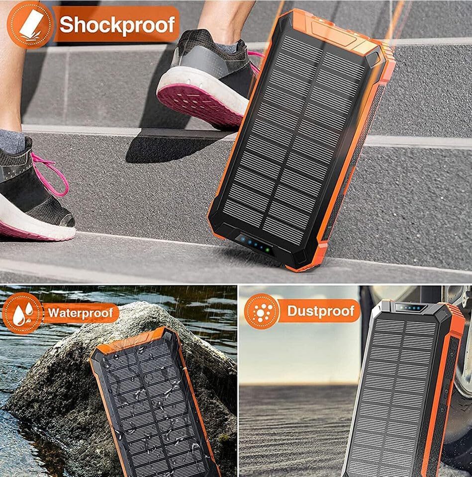 Ultimate Solar Power Bank – 10,000 m Ah Portable Charger with Fast Wireless Charging, 4 USB Ports, Built-in Cables, LED Flashlight & Carabiner – Waterproof Outdoor Essential for i Phone & Android Devices (Black/Red) – Empower Your Adventures!