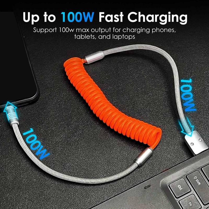Dynamic Curly Chubby Coiled USB C Cable: 240 W Fast Charge Retractable Spiral Braid Cord for Carplay & Android Auto, Versatile Length 2.29 FT to 3.6 FT, Sleek Black and Red Design, Enhanced Compatibility for All USB-A to Type-C Devices