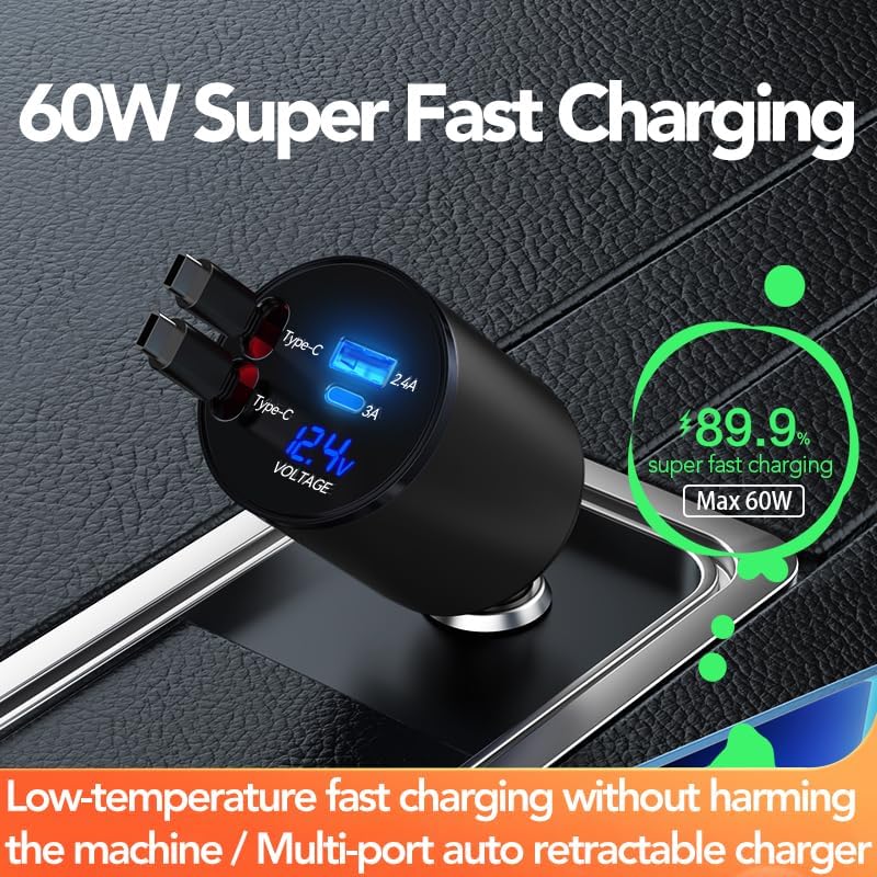 Ultimate 4-in-1 Retractable Car Charger – 60 W Super Fast Charging for i Phone 11-16, Galaxy, Pixel & Air Pods 4 – Dual USB Ports & Tangle-Free Cables for Maximum Convenience on the Go – Compact Power Adapter for All Your Devices