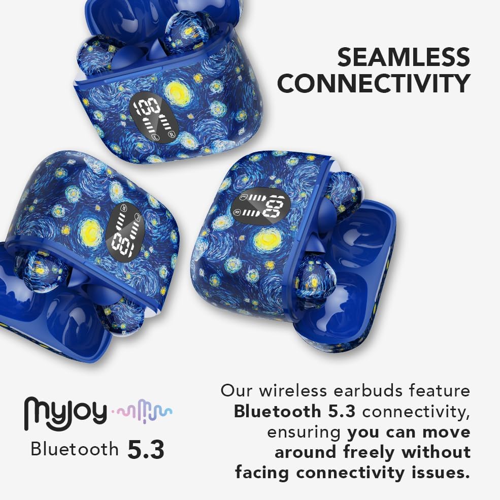 Elevate Your Audio Experience with My Joy Classic Wireless Earbuds – Stylish Van Gogh-Inspired Design, Dual Microphones for Crystal-Clear Calls, IPX5 Sweatproof for Active Lifestyles, Enjoy Up to 7 Hours of Playtime, Noise-Reducing Technology, Effortless Wireless Charging and Enhanced Compatibility for Seamless Device Connection