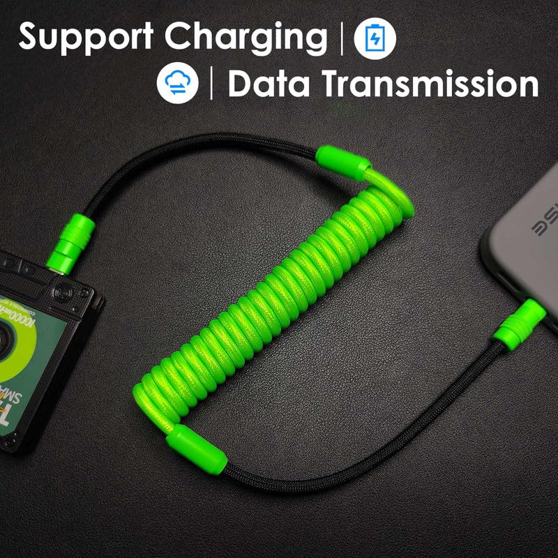 Dynamic Curly Chubby Coiled USB C Cable: 240 W Fast Charge Retractable Spiral Braid Cord for Carplay & Android Auto, Versatile Length 2.29 FT to 3.6 FT, Sleek Black and Red Design, Enhanced Compatibility for All USB-A to Type-C Devices